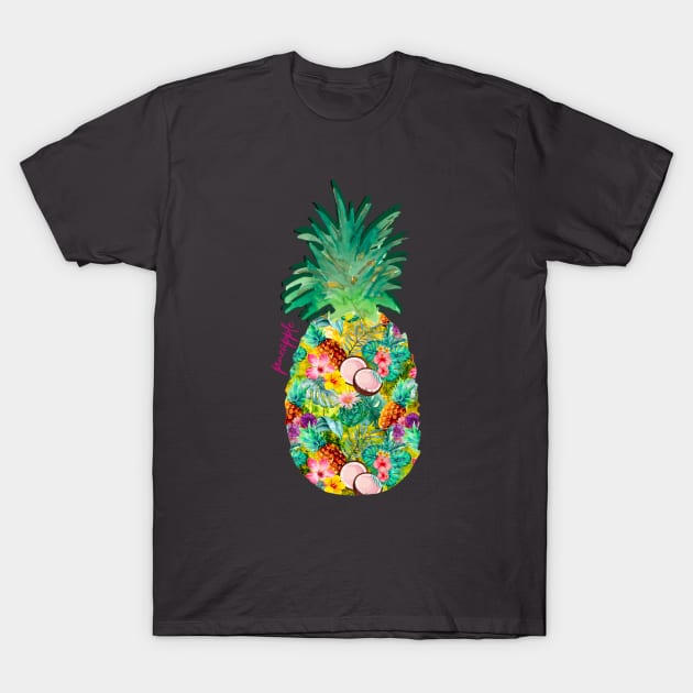 tropical pineapple exotic botanical illustration with floral tropical fruits, yellow fruit pattern over a T-Shirt by Zeinab taha